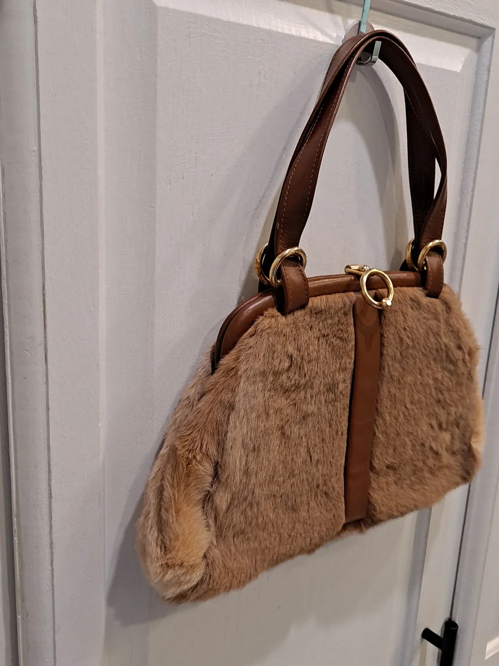 Australian Kangaroo Fur Vintage 70s Handbag Leather Trim Gold Ring Accent